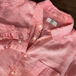 Uniqlo Mens 100% Linen Shirt Small Salmon Pink Button Down Preppy EUC